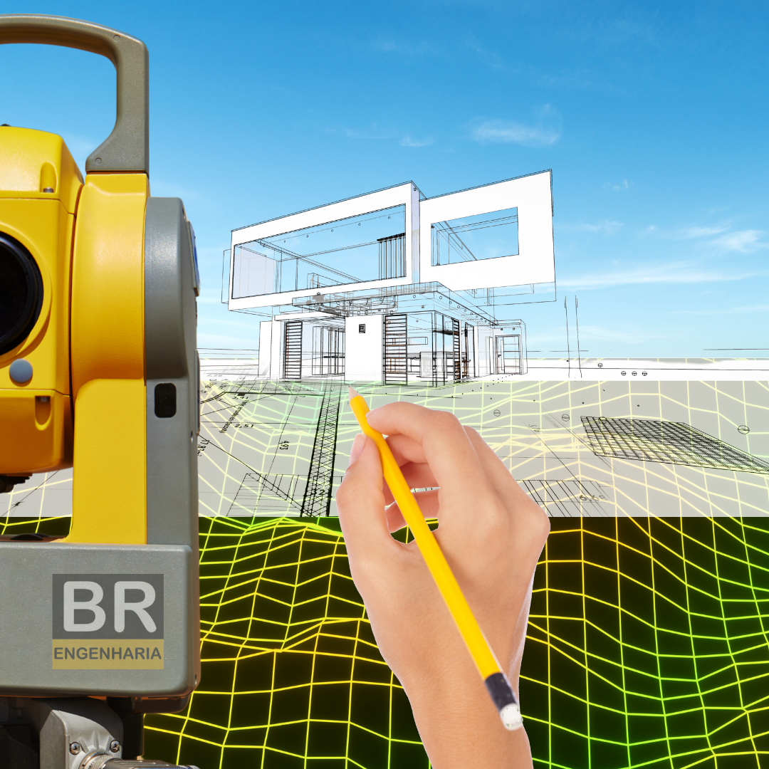 Foto de um projeto sendo desenhado a mão com uma superfície virtual e uma estação total na frente