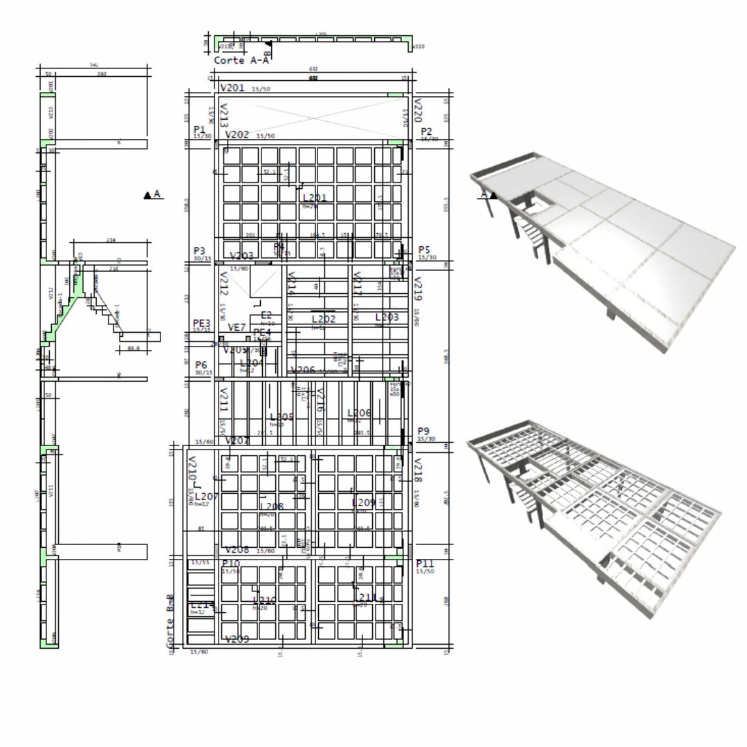foto de um projeto estrutural contendo uma planta e duas estruturas 3D